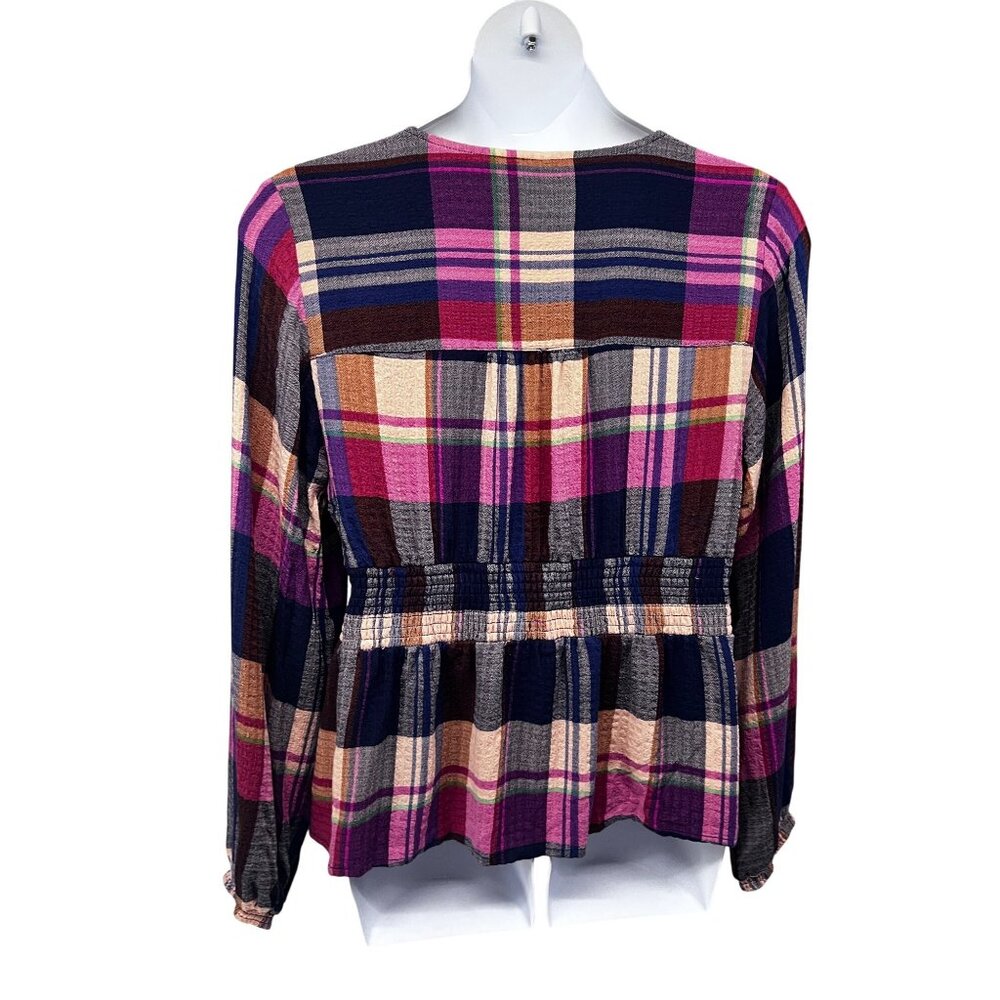 Anthropologie Pilcro The Rory Puff Sleeve Smocked V-Neck Plaid Boho Top Shirt XL - Picture 2 of 10